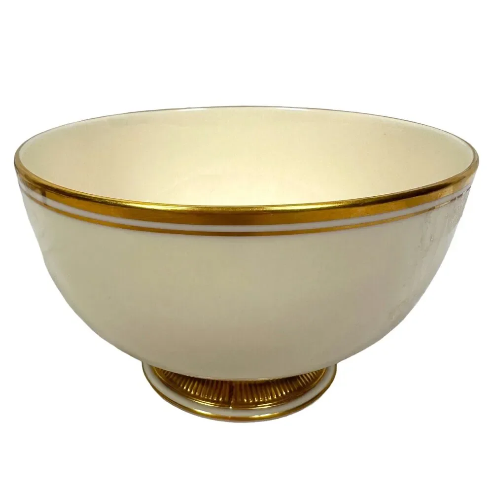 Vintage Lenox Tuxedo Serving Bowl Gold Back Stamp 60s Footed 7.5